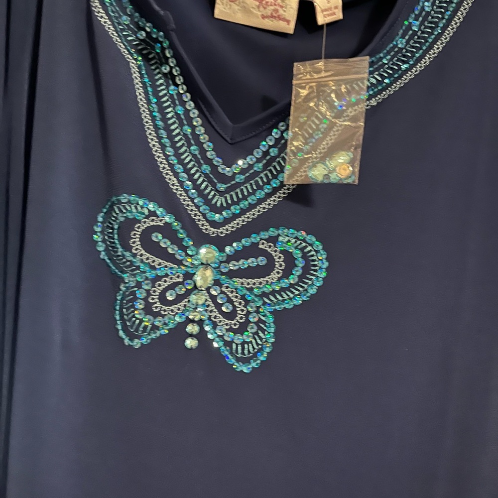 Quaker factory size small blue tunic sequin butterfly shirt. - Picture 2 of 6